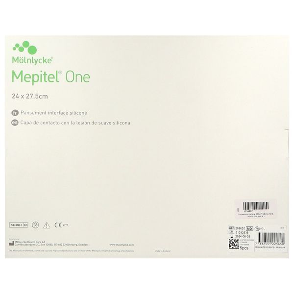 MEPITEL ONE Pansement interface transparent, siliconé d'un seul côté, stérile, 24 cm x 27,5 cm (ref. 289620), bt 5