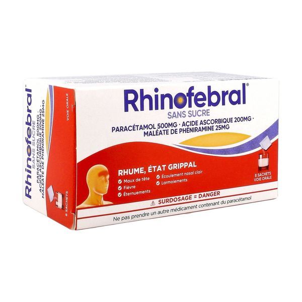 RHINOFEBRAL SANS SUCRE Poudre pour solution buvable édulcorée à l'aspartam, boîte 8 sachets