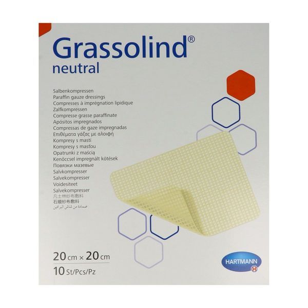 GRASSOLIND NEUTRAL Pansement gras stérile à imprégnation lipidique, sans principe actif, 20 cm x 20 cm (ref. 4993151), bt aluminium 10