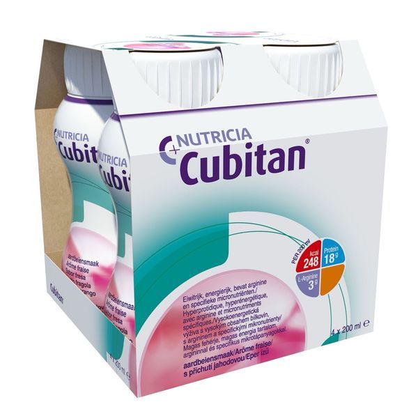 CUBITAN Denrée alimentaire destinée à des fins médicales spéciales, arôme fraise, 200 ml x 4