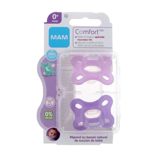 MAM COMFORT SUCETTE Sucette physiologique, spécial nouveau né, silicone souple et doux, rose - mauve, bt 2