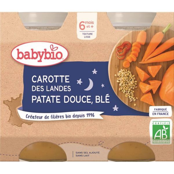 Babybio Petits pots Bonne nuit Carottes, Patate douce & Blé BIO - 6 mois - 2 x 200 g