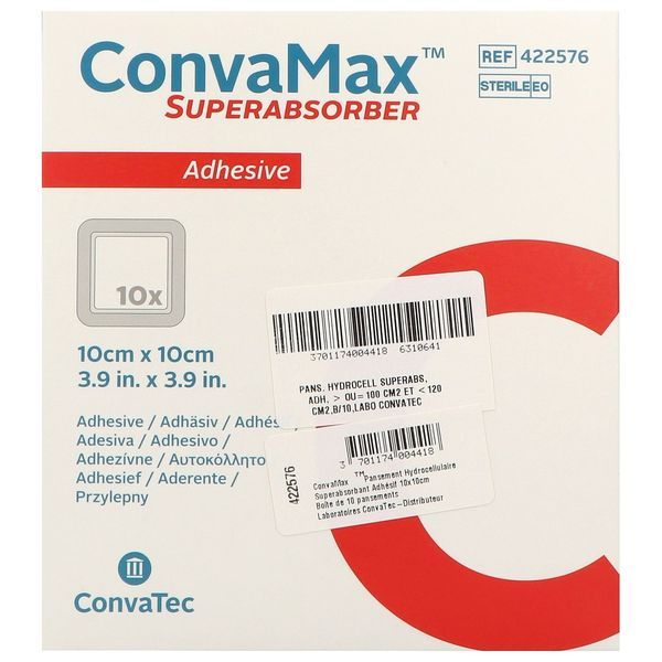 CONVAMAX SUPERABSORBANT ADHESIF Pansement hydrocellulaire superabsorbant adhésif, stérile, 10 cm X 10 cm, bt 10