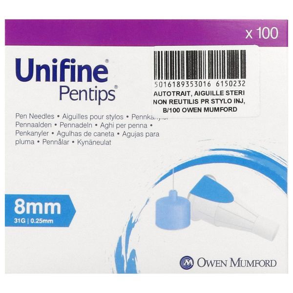 UNIFINE PENTIPS Aiguille pour stylo injecteur d'insuline, G31, 0,25 mm x 8 mm, bleu (ref. AN3530), bt 100