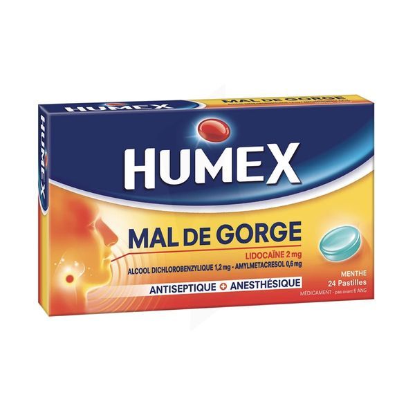 Humex Mal De Gorge Lidocaine/Alcool Dichlorobenzylique/Amylmetacresol 2 Mg/1,2 Mg/0,6 Mg Menthe Gl Ss B/24