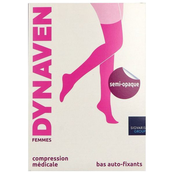 DYNAVEN 3 SEMIOPAQUE Bas cuisse médical de compression autofixant classe 3, pour femme, noir, normal, small (ref. 307689), paire