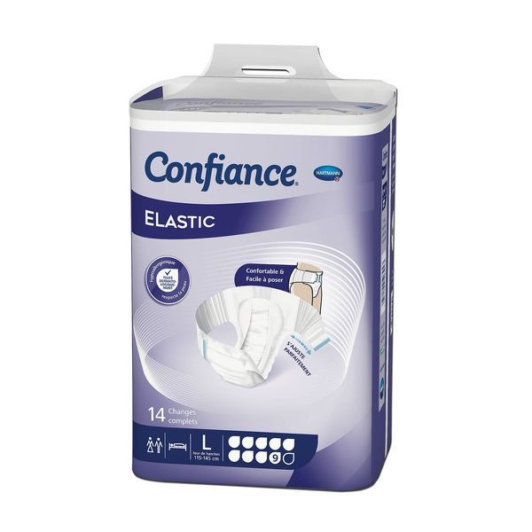 CONFIANCE ELASTIC 9 G Change-complet hypoallergénique, avec ailes élastiques, incontinence forte, large (ref. 165013), sachet 14
