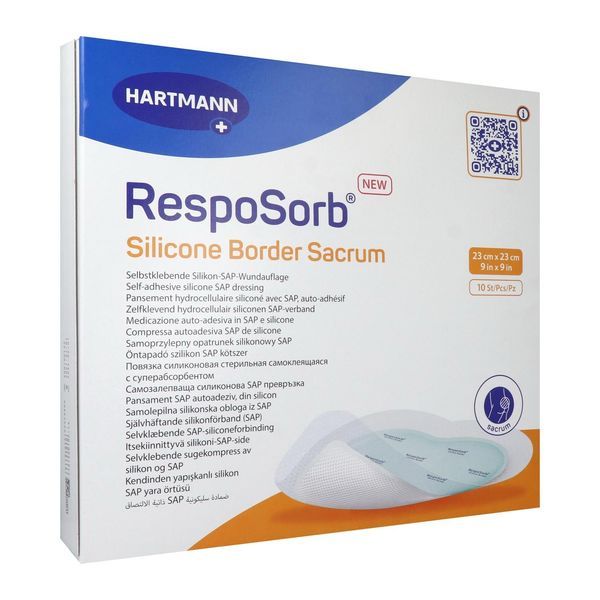 RESPOSORB SILICONE BORDER SACRUM Pansement hydrocellulaire, interface siliconée et bords adhésifs, région sacrée, 23 cm x 23 cm, bt 10