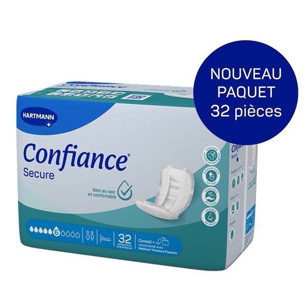 CONFIANCE SECURE ABSORPTION 6 Protection anatomique hypoallergénique pour incontinence, sac 32
