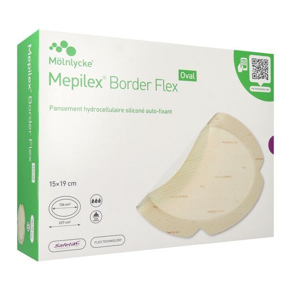 MEPILEX BORDER FLEX OVAL Pansement hydrocellulaire siliconé, bordé, flexible, stérile, forme ovale, 15 cm x 19 cm, bt 16