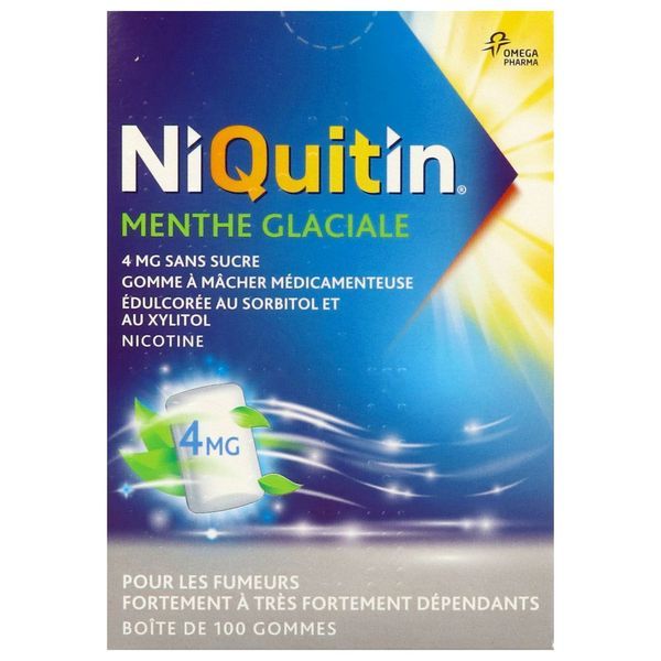 NIQUITIN MENTHE GLACIALE SANS SUCRE Gomme à mâcher médicamenteuse au sorbitol et au xylitol 4 mg, boîte 100