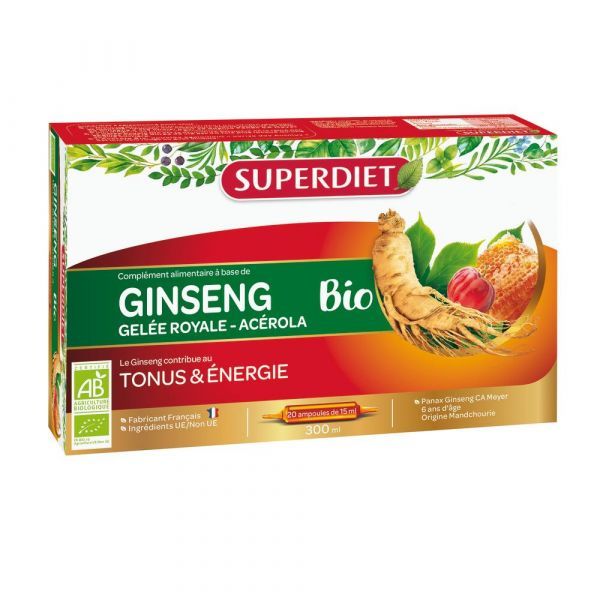 Superdiet Ginseng - Gelée Royale - Acérola Bio - 20 ampoules de 15 ml