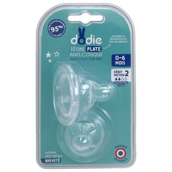 DODIE SENSATION PLUS TETINE DEBIT 2 Tétine plate, col large, silicone, pour biberon Dodie Sensation +, 0 - 6 mois, blister 2