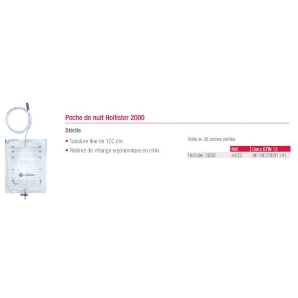 HOLLISTER POCHE A URINE Poche de recueil urinaire, vidangeable de nuit, stérile, 2 l, bt 30