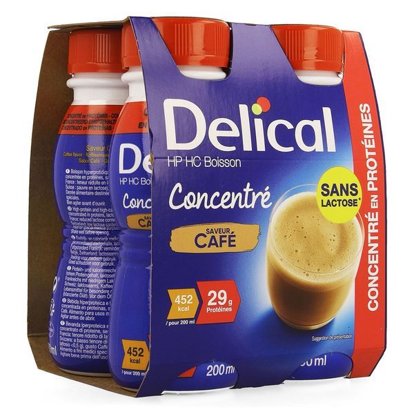 DELICAL CONCENTRE SANS LACTOSE BOISSON HP HC Denrée alimentaire destinée à des fins médicales spéciales, café, 200 ml x 4