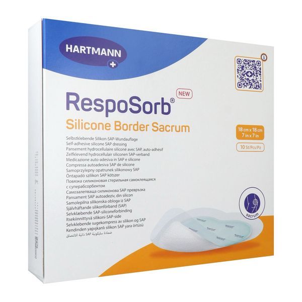 RESPOSORB SILICONE BORDER SACRUM Pansement hydrocellulaire, interface siliconée et bords adhésifs, région sacrée, 18 cm x 18 cm, bt 10