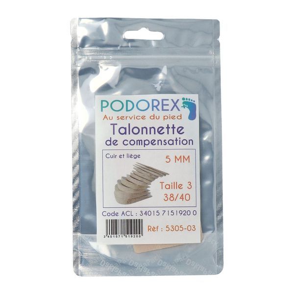 PODOREX TALONNETTE DE COMPENSATION Talonnette de compensation en liège caoutchouc résistant, 5 mm, taille 3, pointure 38 - 40, unité