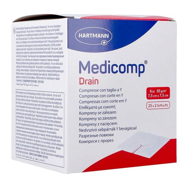 MEDICOMP DRAIN Compresse en non tissé stérile pour drain et trachéotomie, 6 plis, 7,5 cm x 7,5 cm (ref. 421533), bt 50