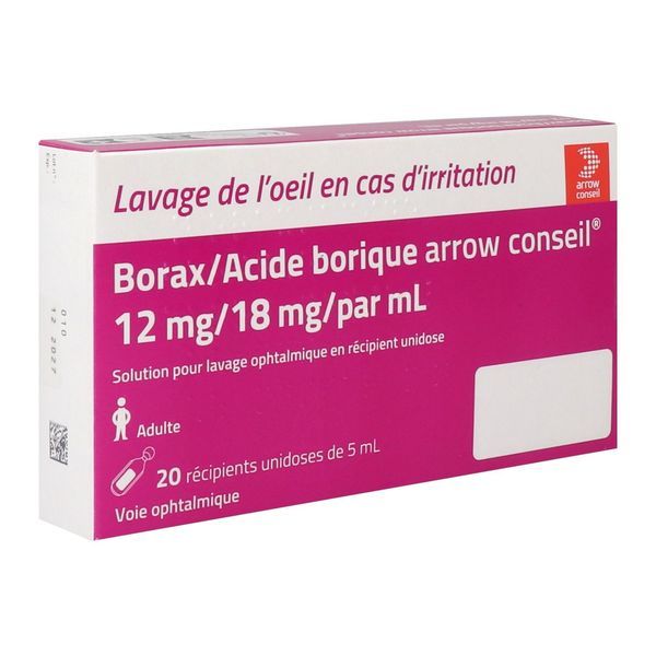 BORAX/ACIDE BORIQUE ARROW CONSEIL Solution pour lavage ophtalmique 12 mg/18 mg/ml, boîte 20 récipients unidoses
