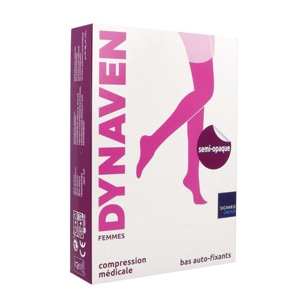 DYNAVEN 2 SEMIOPAQUE Bas cuisse médical de compression autofixant classe 2, pour femme, noir, long, large (ref. 303575), paire