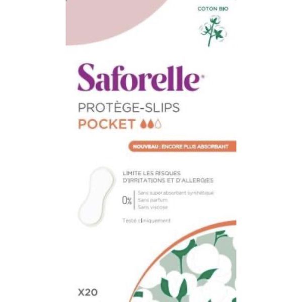 SAFORELLE PROTEGE SLIP POCKET Protège slip extrafin, plié, 100 % coton bio, bt 20
