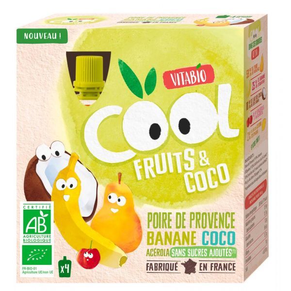 Vitabio Gourde Cool Fruits Poire Banane lait de Coco Acérola BIO - 4 x 85 g