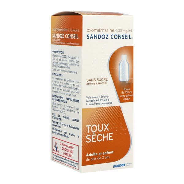 OXOMEMAZINE SANDOZ CONSEIL SANS SUCRE Solution buvable édulcorée à l'acésulfame potassique 0,33 mg/ml, flacon 150 ml avec gobelet doseur