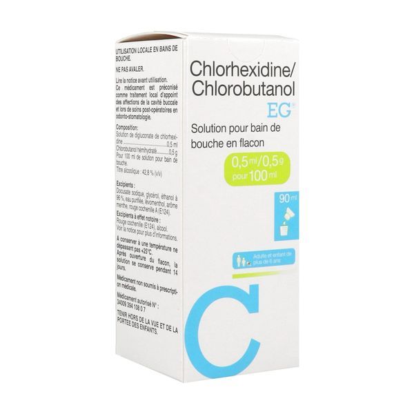 CHLORHEXIDINE CHLOROBUTANOL EG Solution pour bain de bouche 0,5 ml/0,5 g pour 100 ml, boîte 1 flacon 90 ml avec gobelet doseur