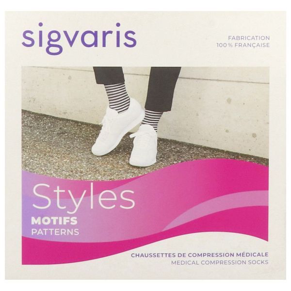 SIGVARIS 2 STYLES MOTIFS MARINIERE Chaussette médicale de compression classe 2, motif marinière pour femme, écru et blanc, long, Xsmall (ref. 309115), paire