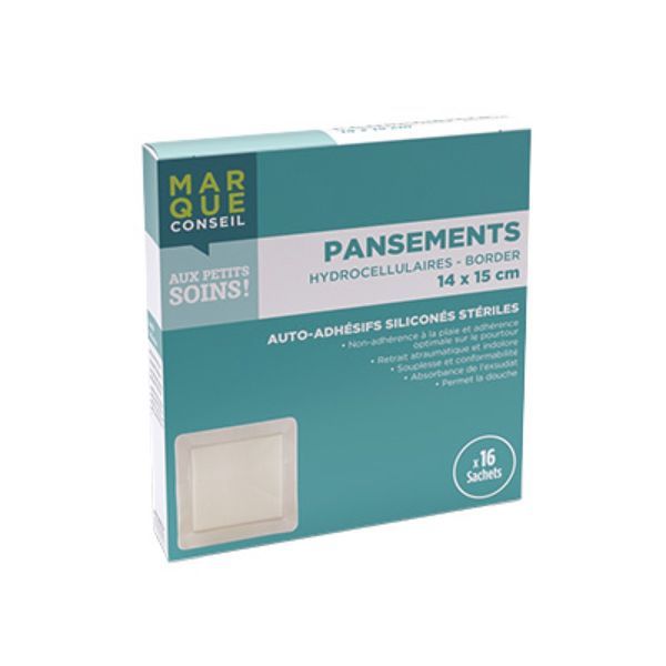 MARQUE CONSEIL PANSEMENTS HYDROCELLULAIRES BORDER Pansement hydrocellulaire autoadhérent, siliconé, stériles, bords adhésifs, 14 cm x 15 cm, bt 16