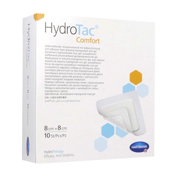 HYDROTAC COMFORT Pansement hydrocellulaire, hydroapaisant, à bords adhésifs, 8 cm x 8 cm (ref. 685810), bt 10