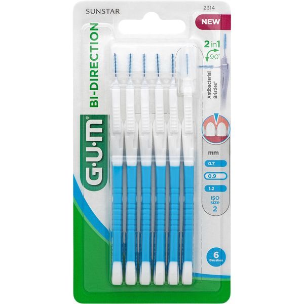GUM BI - DIRECTION Brossette interdentaire conique, orientable jusqu'à 90° en 2 positions, 0,9 mm, manche bleu (ref. 2314), blister 6