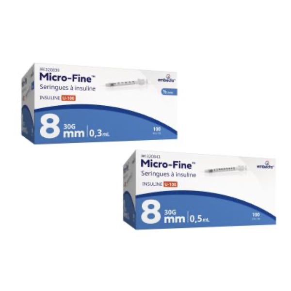 MICRO FINE SERINGUE Seringue à insuline avec aiguille G30, 100 UI/ml, G30, 8 mm x 0,5 ml, bt 100