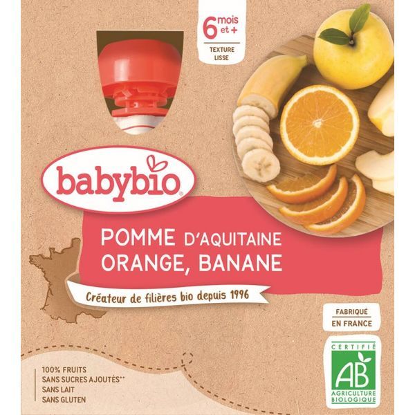 Babybio Gourde Pomme Orange Banane BIO - 6 mois - 4 x 90 g