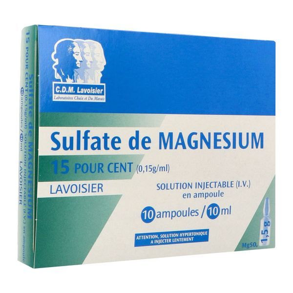 SULFATE DE MAGNESIUM LAVOISIER Solution injectable 15 % (0,15 g/ml), boîte 10 ampoules bouteille 10 ml
