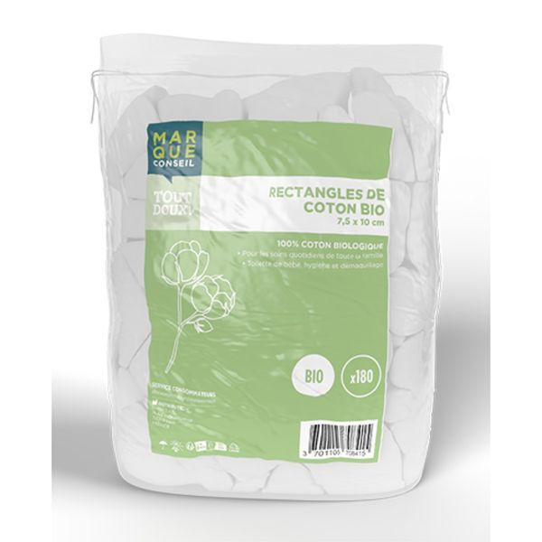 MARQUE CONSEIL RECTANGLE DE COTON BIO Rectangle de coton hydrophile bio, vrac, 7,5 cm x 10 cm, sac 180