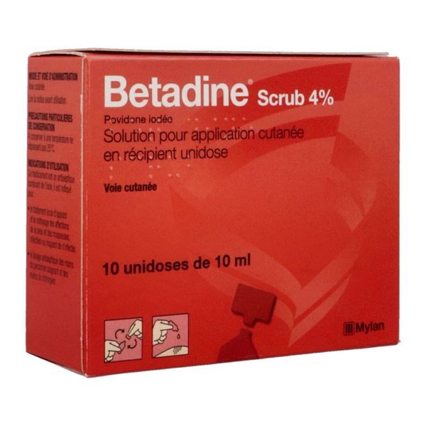 BETADINE SCRUB Solution pour application cutanée en récipient unidose 4 %, boîte 10 récipients unidoses 10 ml