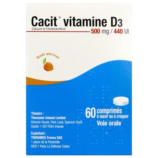 CACIT VITAMINE D3 Comprimé à sucer ou à croquer 500 mg/440 UI, boite 1 tube 60