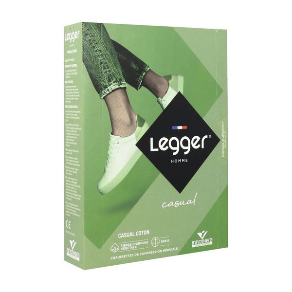 LEGGER 2 HOMME CASUAL COTON Chaussette médicale de contention classe 2, côtelée, pour homme, noir, normal, taille 3, paire
