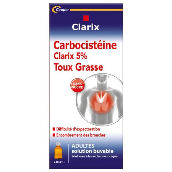 CARBOCISTEINE CLARIX ADULTE SANS SUCRE Solution buvable édulcorée à la saccharine sodique 5 %, flacon 250 ml avec cuillère-mesure 5 ml