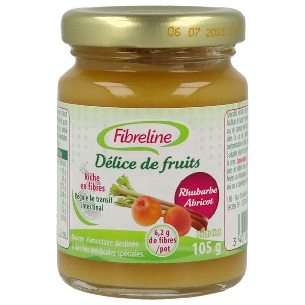 FIBRELINE PUREE DE FRUITS Aliment destiné à une alimentation particulière, rhubarbe abricot, pot 105 g