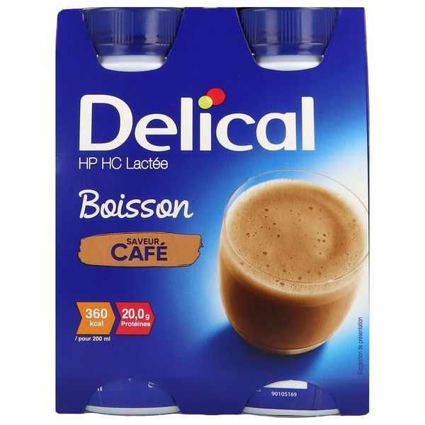 DELICAL BOISSON LACTEE HP HC Denrée alimentaire destinée à des fins médicales spéciales, café, 200 ml x 4