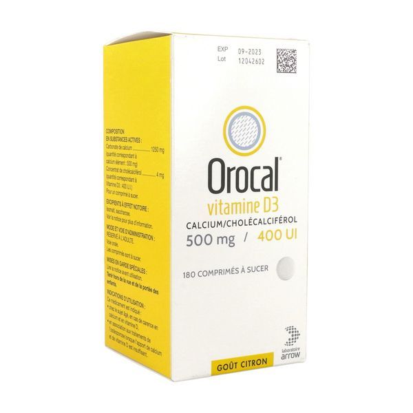 OROCAL VITAMINE D3 Comprimé à sucer 500 mg/400 UI, boîte 180