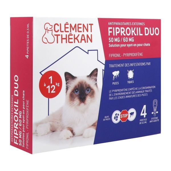 FIPROKIL DUO 50 MG - 60 MG CLEMENT THEKAN Spot on, solution cutanée antiparasitaire externe, petit chat, bt 4