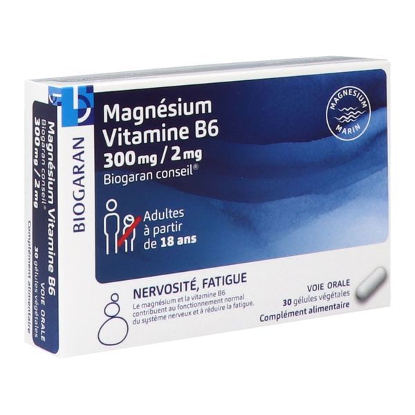 BIOGARAN CONSEIL MAGNESIUM VITAMINE B6 300 MG / 2 MG Gélule, complément alimentaire à base de magnésium et vitamine B6, bt 30