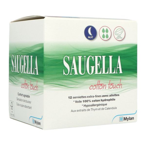 SAUGELLA COTTON TOUCH Serviette périodique extrafine de nuit, à l'extrait de thym et de calendula, bt 12