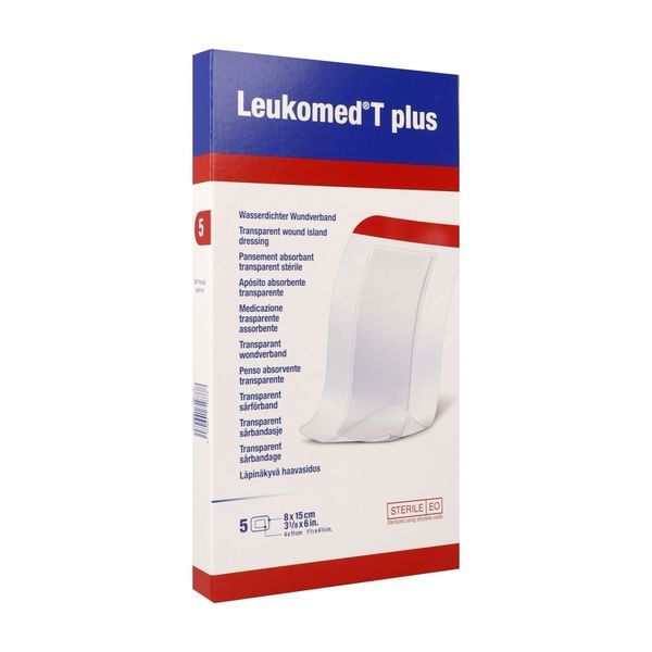 LEUKOMED T PLUS Pansement film stérile, absorbant, adhésif 4 côtés, 8 cm x 15 cm (ref. 72382-21), bt 5