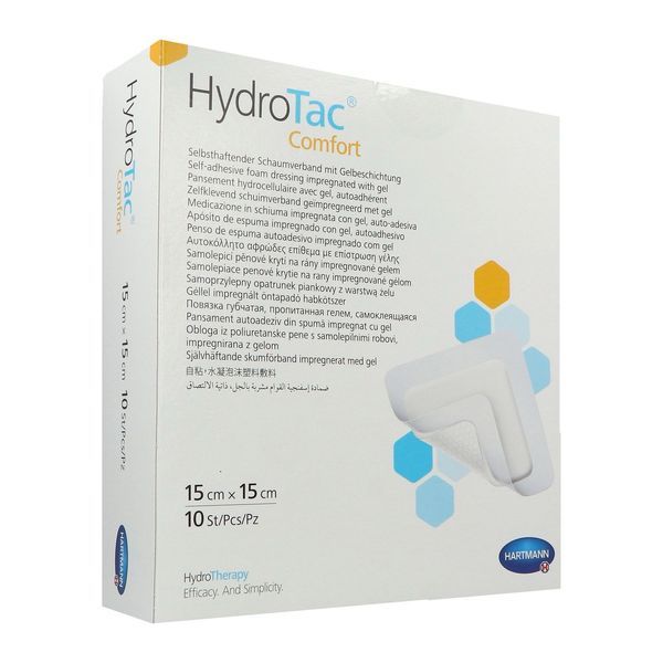 HYDROTAC COMFORT Pansement hydrocellulaire, hydroapaisant, à bords adhésifs, 15 cm x 15 cm (ref. 685818), bt 10