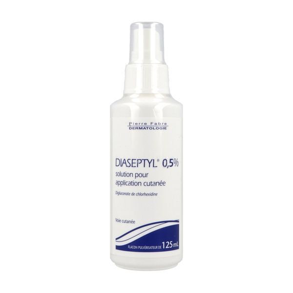 DIASEPTYL Solution pour application cutanée 0,5 %, flacon pulvérisateur 125 ml avec une pompe constituée d'un tube plongeur et d'un corps en polyéthylène, d'un diffuseur en polypropylène muni d'une bi