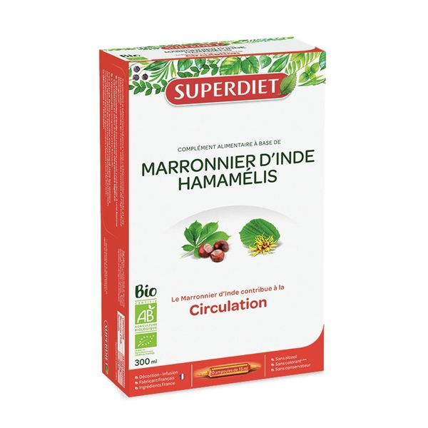 SUPERDIET EXTRAIT FLUIDE MARRONNIER D'INDE HAMAMELIS Ampoule buvable d'extrait fluide de marronnier d'Inde et d'hamamélis, bt 20